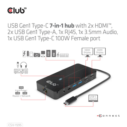 CLUB3D CSV-1595 dockningsstationer för bärbara datorer USB 3.2 Gen 1 (3.1 Gen 1) Type-C Svart