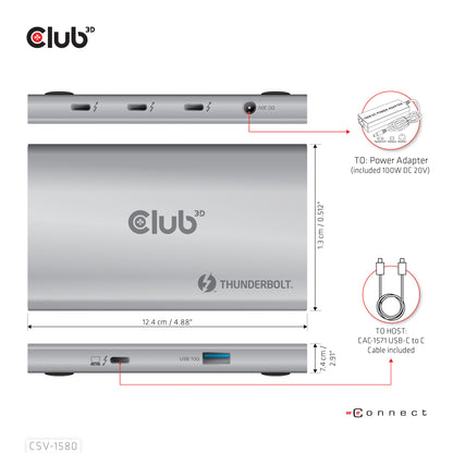CLUB3D CSV-1580 dockningsstationer för bärbara datorer Dockning Thunderbolt 4 Silver