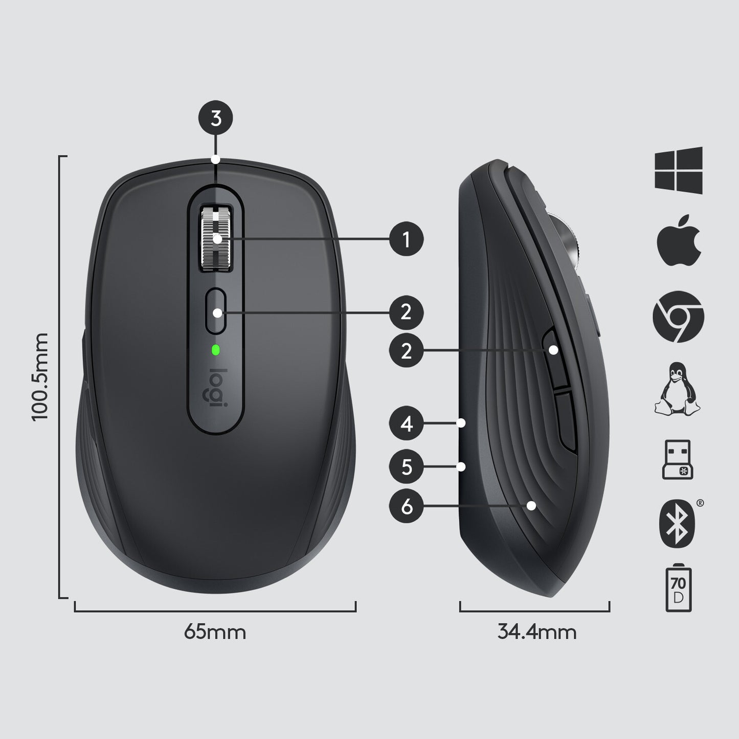Logitech MX Anywhere 3 datormöss Resor högerhand Trådlös RF + Bluetooth 4000 DPI