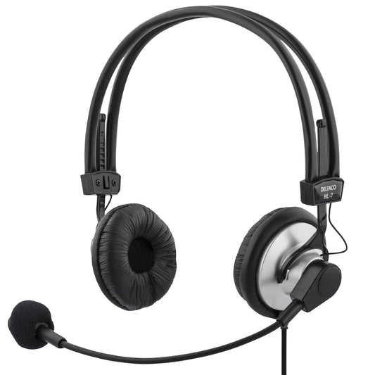 Deltaco Headset med mikrofon och volymkontroll, 2 x 3,5 mm, svart/silv
