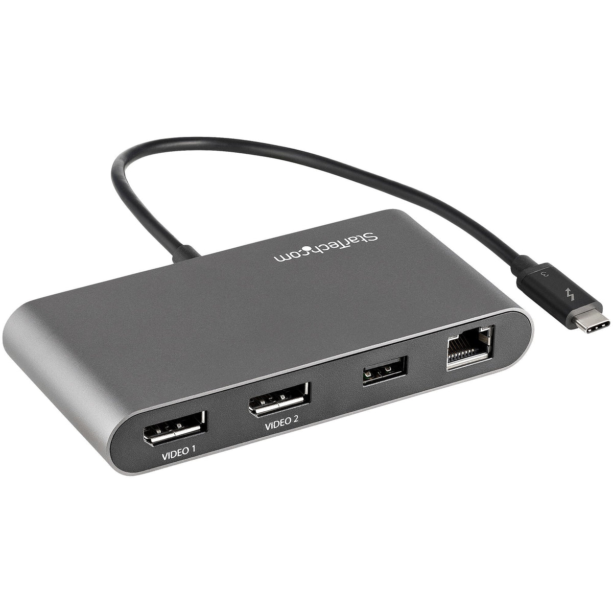 StarTech.com Thunderbolt Mini-dockningsstation för dubbla bildskärmar, 4K 60 Hz DisplayPort, drivrutinsfri hubb för Windows och Mac, Gigabit Ethernet, 1x USB-A (USB 5 Gbps), 28 cm kabel