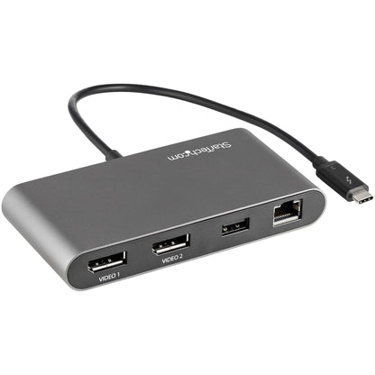 StarTech.com Thunderbolt Mini-dockningsstation för dubbla bildskärmar, 4K 60 Hz DisplayPort, drivrutinsfri hubb för Windows och Mac, Gigabit Ethernet, 1x USB-A (USB 5 Gbps), 28 cm kabel